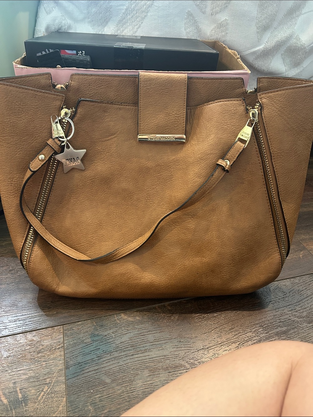 Steve Madden Tan Leather-Effect Tote with Gold Hardware